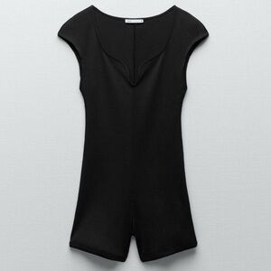 Zara Black Ribbed Romper Short Sleeve Plunge Neck
